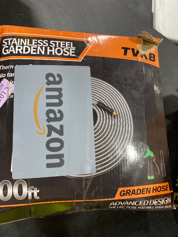 Photo 1 of TVKB Garden Hose 100ft Stainless Steel Water Hose Super Tough Flexible Water Pipe with Brass Fittings and Sprayer Nozzle, No Kink, Rust Proof
