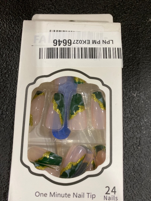 Photo 1 of Dark Green Press On Nails - Medium Marble False Nails with Glitter Designs, Glossy Gold Foil, Coffin Shape, Reusable Acrylic, Full Cover Artificial Nails, Glue On, 24pcS