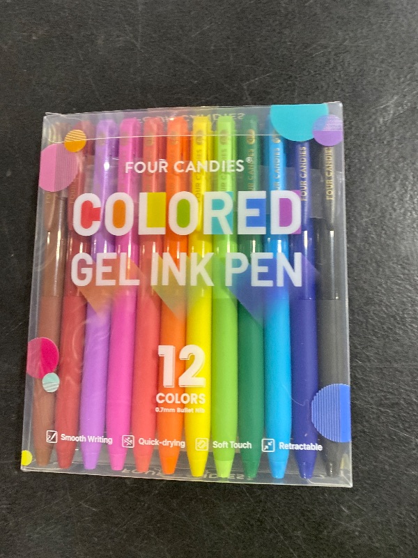 Photo 1 of Four Candies Quick Dry Ink Colored Pens Set, 12 Colors Retractable Gel Pens, 0.7mm Fine Point Colorful Pen for Note Taking & Drawing, Colored Gel Pen with Comfort Grip for Office, School & Home