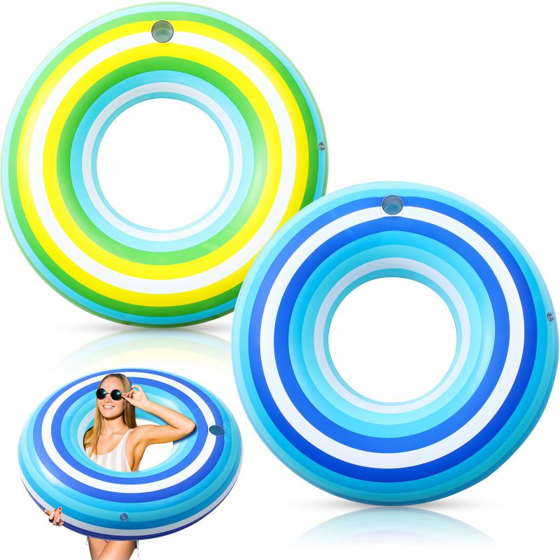 Photo 1 of ShinyRelief 2 Pack 50'' Giant Inflatable Tube Pool Float with Cup Holder Vintage Stripe Large Pool Float Donut Adult Swim Rings Round Beach floaties for Summer Swimming Party, Yellow Green Blue