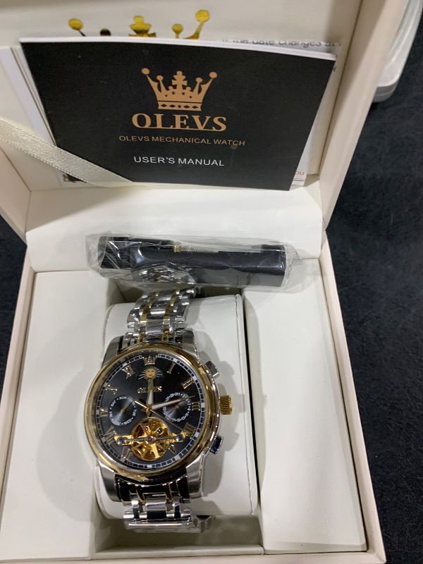 Photo 1 of OLEVS Men Watch Automatic Mechanical Skeleton Moon Phase Dress Business Stainless Steel 3AT Waterproof Luminous Men Wrist Watch
