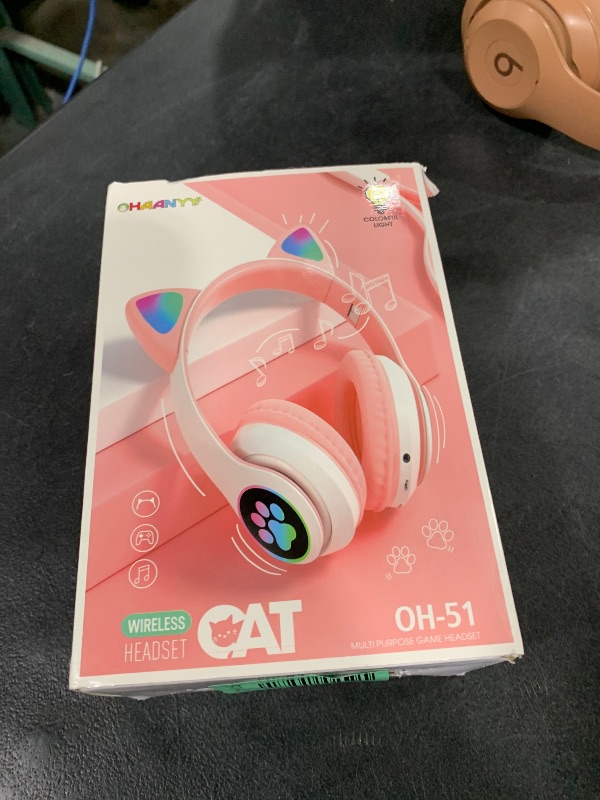 Photo 1 of KERHAND Bluetooth Headphones for Kids, Cute Ear Cat Ear LED Light Up Foldable Headphones Stereo Over Ear with Microphone/TF Card Wireless Headphone for iPhone/iPad/Smartphone/Laptop/PC/TV (Pink)