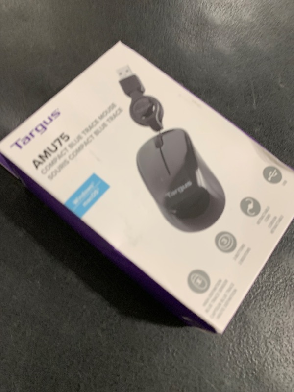 Photo 1 of Targus Compact Mouse with Blue Trace Technology for Tracking and Retractable 2.5-Foot USB Cord, Adjustable Cord Mouse Supports Windows, Mac, and Netbooks, Black/Gray (AMU75US)