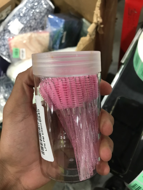 Photo 1 of 100 Pcs Disposable Mascara Wands, Crystal Eyebrow Spoolies Brush for Eyelash Extensions, Pink Lash Brushes with Container
