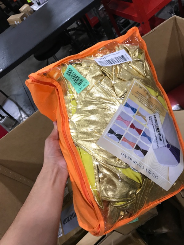 Photo 1 of Gankar Gold Chair Sashes 100 Pack, Spandex Sashes for Chairs Wedding Reception, Stretch Chair Bands Bows for Party Banquet Theme Event Decor