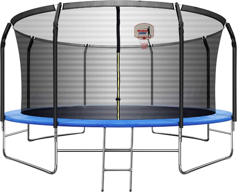 Photo 1 of 14FT Trampoline Weight Capacity 760 LBS for Kids Adults with Basketball Hoop, Safety Enclosure Net, Jumping Mat, Safety Pad, Outdoor Trampoline