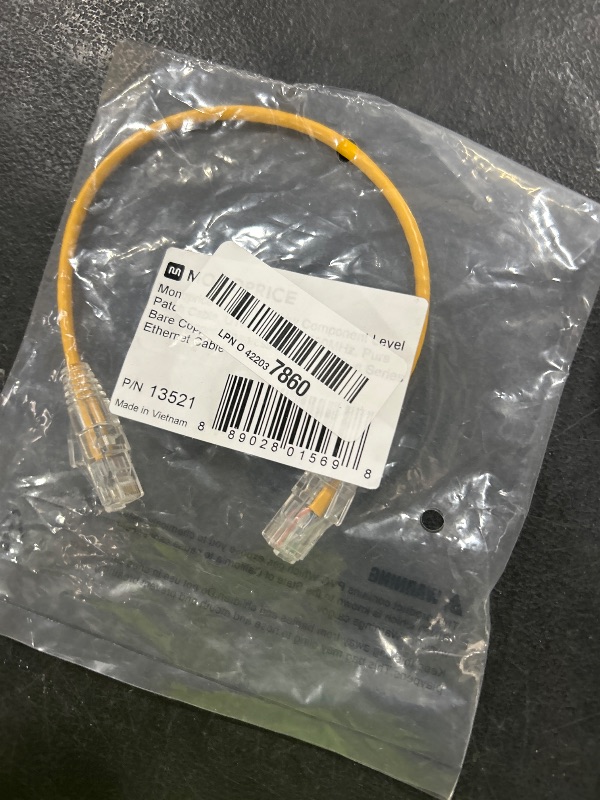 Photo 1 of Monoprice Cat6 1ft Yellow Component Level Patch Cable UTP 28AWG 550MHz Pure Bare Copper Snagless RJ45 SlimRun Series Ethernet Cable