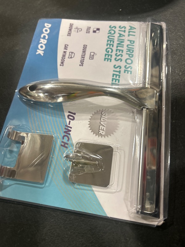 Photo 1 of All-Purpose Stainless Steel Shower Squeegee for Shower Glass Door with 2 Adhesive Hooks, Bathroom Cleaner Tool Household Window Mirror Squeegee , Cleaning Tile Wall, Car, 10 Inch Silver