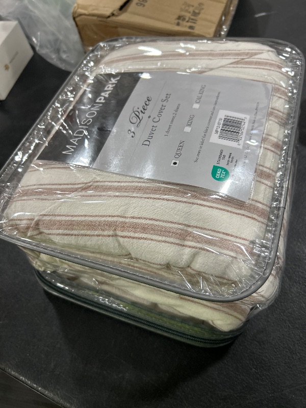 Photo 1 of Madison Park Cooling Duvet Cover Set for Hot Sleepers - Linen Cotton Rayon Blend, Queen Size 3 Piece Set with Shams - Lightweight & Breathable Bedding, Terracotta Striped Design