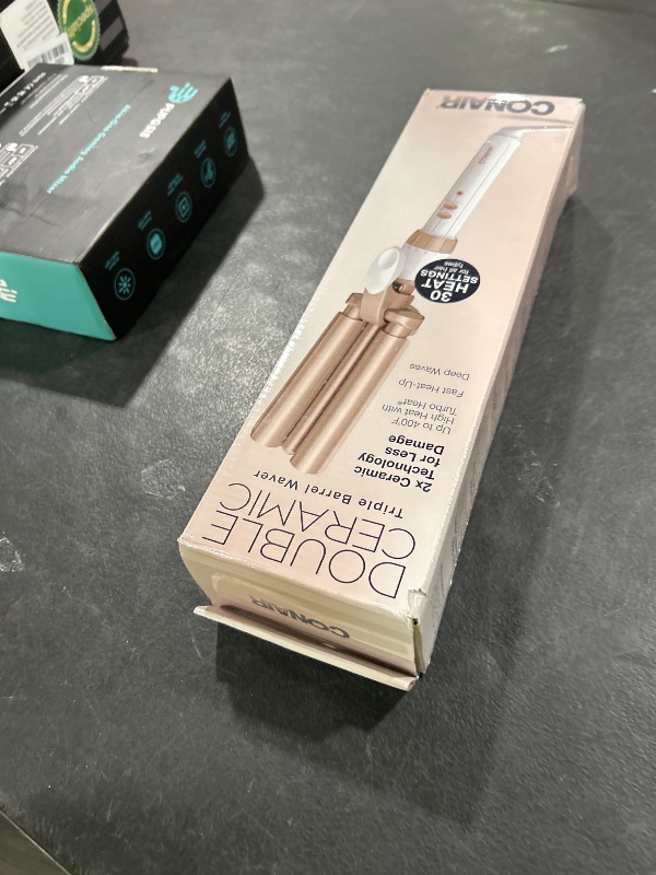 Photo 1 of Conair Double Ceramic 3 Barrel Curling Iron, Hair Waver, Create Beachy Waves, Long-Lasting Natural Tight Waves for all Hair Lengths, White / Rose Gold