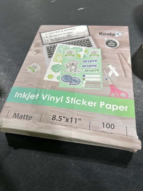 Photo 1 of Koala Printable Vinyl Sticker Paper for Inkjet Printer - 100 Sheets Sticker Printer Paper Matte White, Waterproof Sticker Paper 8.5x11 Inch, Work with Cutting Machine