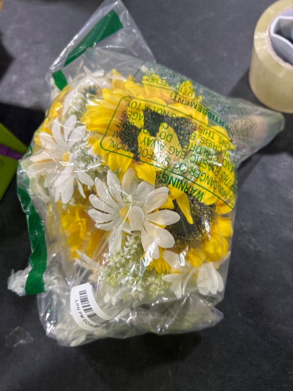 Photo 1 of Artificial Sunflower Bouquet for Wedding Bridal Holding Flowers Fake Silk Sunflower with White Small Daisy Flower for Bride Bridesmaid Wedding Party Ceremony Table Centerpieces Decorations Yellow