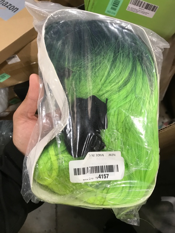 Photo 1 of BERON 14 Inches Neon Green Wig with Bangs Short Curly Lemon Green Wigs with Dark Root for Women Daily Party Hairnet Include
