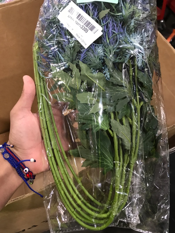 Photo 1 of Fermus 8 Stems Artificial Thistle Flowers 8 Branch Real Touch Blue Thistle Decor 26 Inch Real Size Rustic Spray Eryngium Sea Holly for Wedding Bouquet Centerpiece