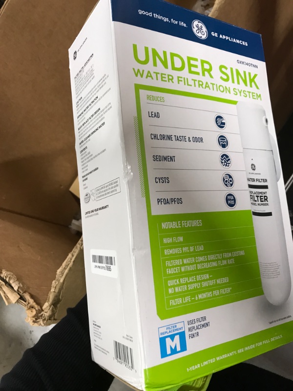 Photo 1 of GE Single Stage Under Sink Water Filtration System, Reduces 95+ Impurities Including Lead, Chlorine, Arsenic, Easy Install, Twist & Lock Design, Replace Filter (FQK1R) Every 6 Months, GXK140TNN