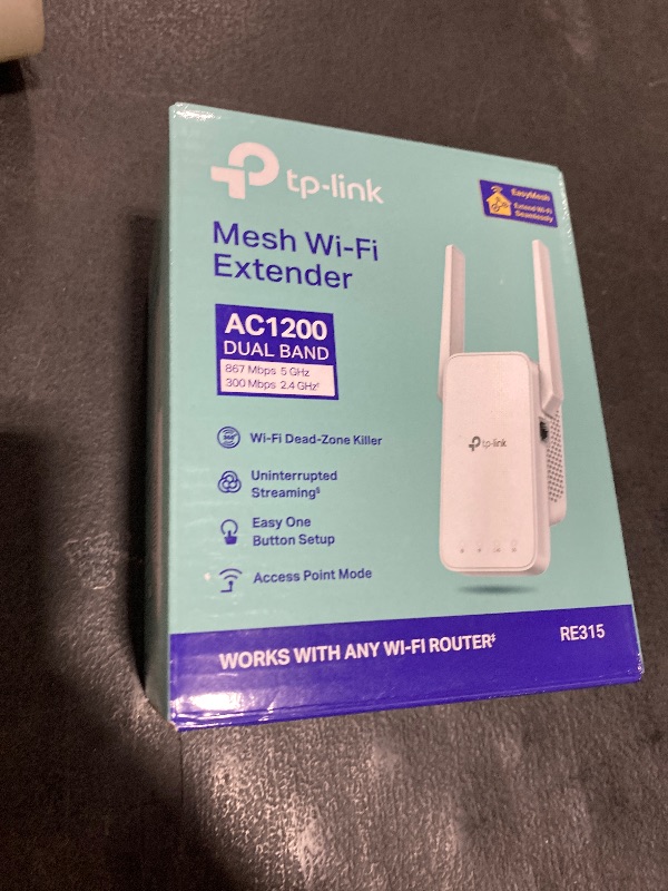 Photo 1 of TP-Link AC1200 WiFi Extender, 2025 Wirecutter Best WiFi Extender, 1.2Gbps Home Signal Booster, Dual Band 5GHz/2.4GHz, Up to 1600 Sq.ft and 32 Devices, EasyMesh Compatible, One Ethernet Port (RE315)