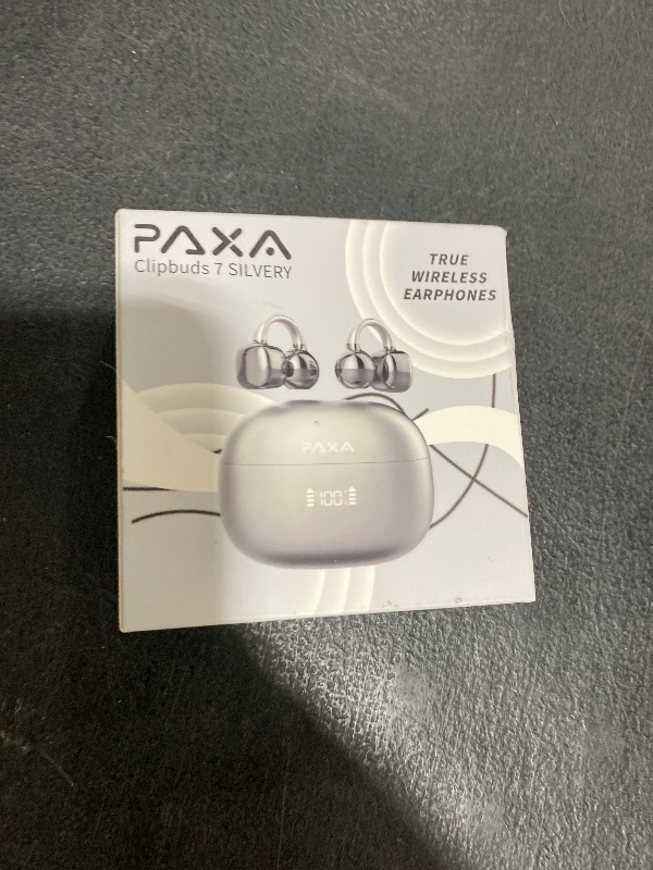 Photo 1 of PAXA Clip On Earbuds, Clipbuds7 Open Ear Earbuds Wireless Bluetooth 5.4 with LED Display, Auto L-R Ear Recognition and Touch Control, Ultra-Light 4.5g Fit Comfort for Sports Fitness Daily Use, Silver