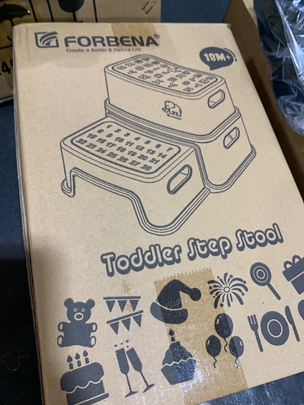 Photo 1 of Forbena Toddler Step Stool for Bathroom Sink, 2 Step Stool for Kids Toilet Potty Training, Non-Slip Toddlers Baby Child Kid Plastic Poop Stools with Handle for Kitchen Counter Bed (White-Grey)