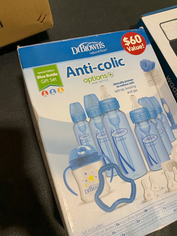 Photo 1 of Dr. Brown's Natural Flow Anti-Colic Options+ Special Edition Blue Baby Bottle Gift Set with Soft Sippy Spout Transition Cup, Flexees Teether, Bottle Cleaning Brush and Travel Caps