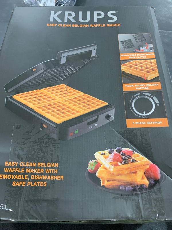 Photo 1 of KRUPS 4-Slice Belgian Waffle Maker: Stainless Steel, 5 Browning Levels, Audible Ready Beep, Removable Plates, 1200W, Silver/Black, Large Waffle Maker Family Size, Great for Family Breakfasts