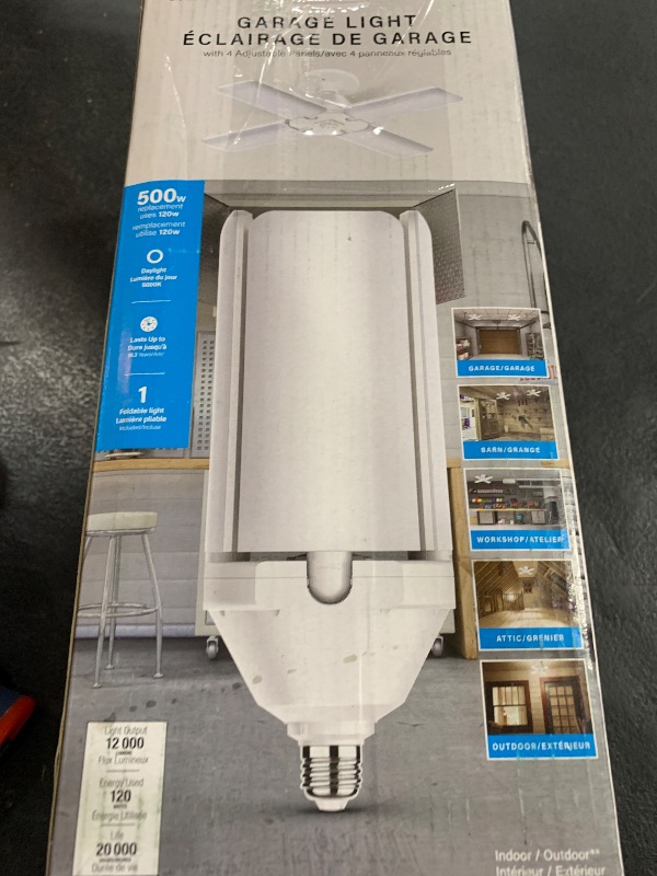 Photo 1 of Feit Electric LED Garage Light, 4 Panel Adjustable Screw-in LED Shop Light Bulb, E26 Base, 12000 Lumens, Non-Dimmable, 5000k Daylight, Garage Ceiling Light, White, ADJ12000/5K/LED