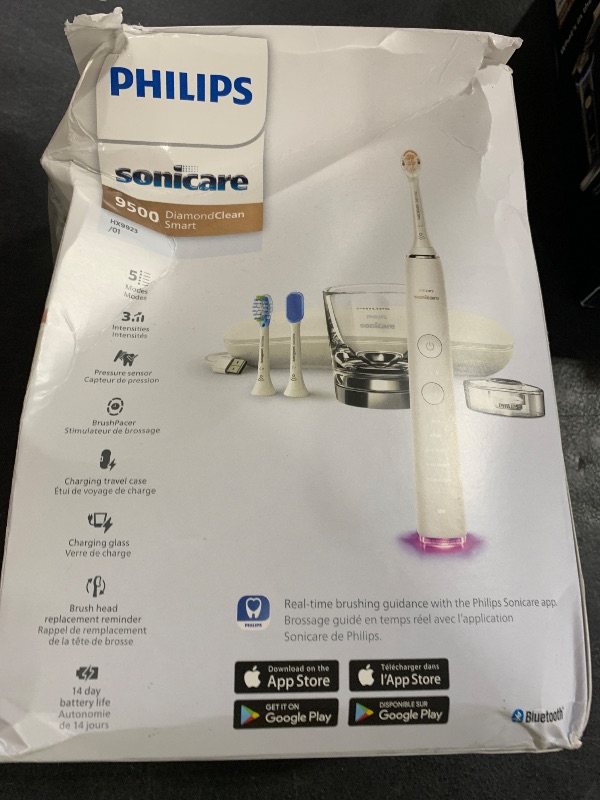 Photo 1 of Philips Sonicare DiamondClean Smart 9500 Electric Toothbrush, Sonic Toothbrush with App, Pressure Sensor, Brush Head Detection, 5 Brushing Modes and 3 Intensity Levels, White, Model HX9923/01