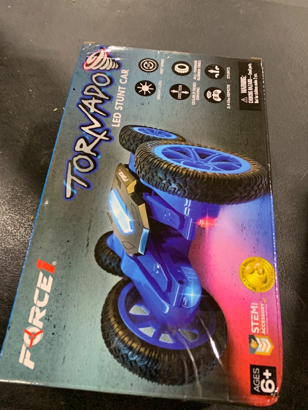 Photo 1 of Force1 Tornado Blue LED Remote Control Car for Kids- Double Sided Driving Fast RC Cars 360 Flips, Outdoor 4WD Off Road Stunt RC Car, All Terrain Tires, RC Crawler Rechargeable Battery, 2.4GHz Remote
