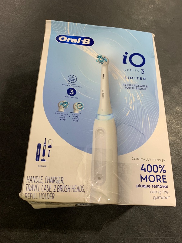 Photo 1 of Oral-B iO Deep Clean Rechargeable Electric Powered Toothbrush, White with iO Series 3 Limited, 2 Brush Heads and Travel Case - Pressure Sensor to Protect Gums - 3 Cleaning Settings - 2 Minute Timer