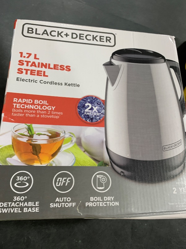 Photo 1 of BLACK+DECKER 1.7L Cordless Electric Kettle, KE1700SD, Rapid Boil, Auto Shutoff, Stainless Steel