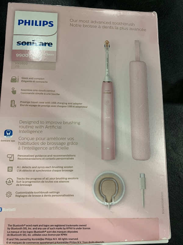 Photo 1 of Philips Sonicare DiamondClean 9900 Prestige Electric Toothbrush - with SenseIQ Technology and Advanced AI App, 5 Brushing Modes, 3 Intensity Levels, Charging Travel Case, Pink, Model HX9990/13