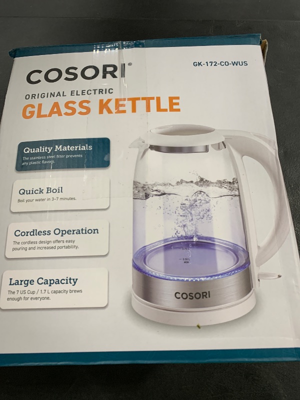 Photo 1 of Cosori Electric Kettle, No Plastic Filter & Spout, Tea Kettle & Hot Water Boiler For Coffee & Tea, Water Heater & Teapot, Automatic Shut Off, Borosilicate glass, White, 1.7L/1500W