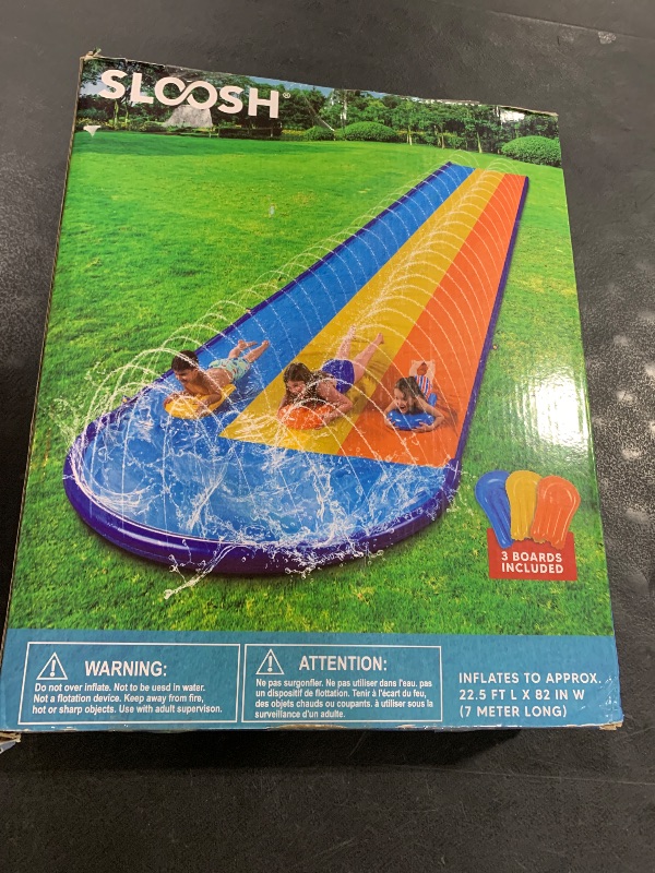 Photo 1 of Sloosh Triple Water Slide with 3 BodyBoards, 22.5FT Lawn Water Splash Slip and Slide Summer Toy Splash Pad with Build in Advanced Sprinkler for Kids Adults Backyard Summer Water Fun