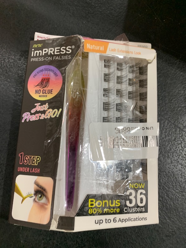 Photo 1 of KISS imPRESS Falsies Press On Self Adhesive Eyelashes, 12mm-14mm Natural Volume Press On Lashes, Black, No Glue Needed, Invisible Band, 20 Lash Clusters & Non-Stick Applicator - Natural