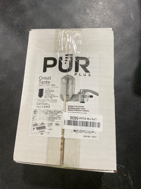 Photo 1 of PUR PLUS Vertical Faucet Mount Water Filtration System, Lead-Reducing Filter, Great-Tasting Water, Easy Install, Lasts 100 Gallons, Compatible with Sinks with External Aerators, Stainless Steel