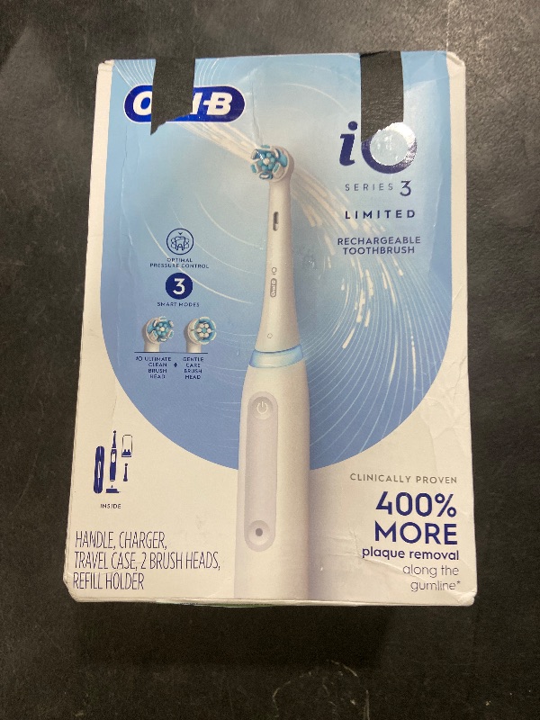 Photo 1 of Oral-B iO Deep Clean Rechargeable Electric Powered Toothbrush, White with iO Series 3 Limited, 2 Brush Heads and Travel Case - Pressure Sensor to Protect Gums - 3 Cleaning Settings - 2 Minute Timer