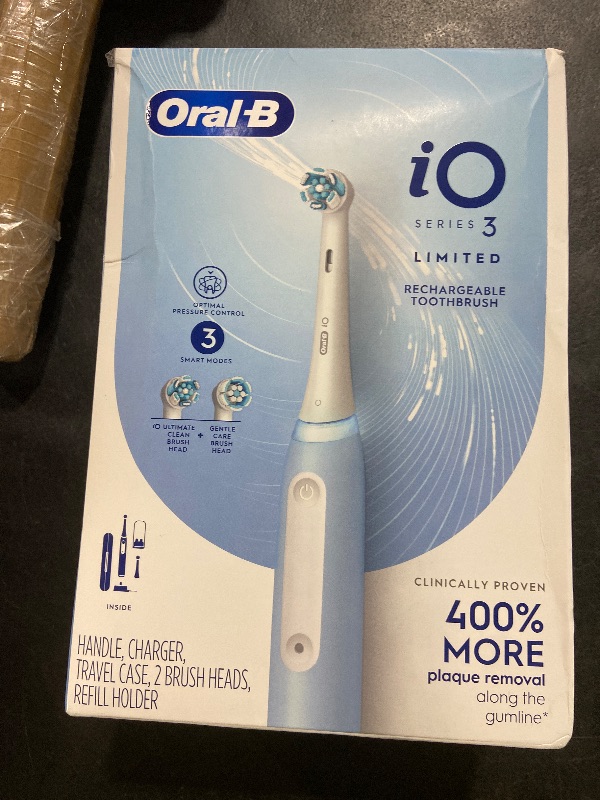 Photo 1 of Oral-B iO Deep Clean Rechargeable Electric Powered Toothbrush, Icy Blue with iO Series 3 Limited, 2 Brush Heads and Travel Case - Pressure Sensor to Protect Gums - 3 Cleaning Settings - 2 Minute Timer