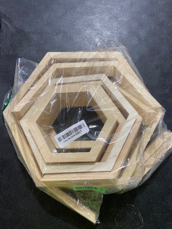 Photo 1 of CIEOVO 10 Pcs Honey Comb Decorations, 5 Sizes Farmhouse Wood Hexagon Shelves Honeycomb Centerpiece Cupcake Stand Bee Hive Display Holder for DIY Birthday Wedding Baby Shower Honeybee Party Decor