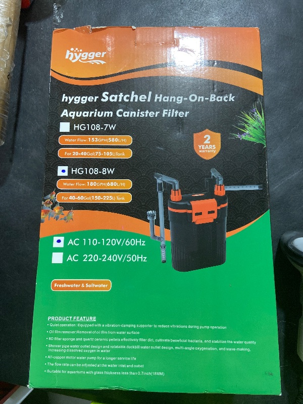 Photo 1 of hygger External Hang-On-Back Canister Aquarium Filter,Quiet Fish Tank Filter with 3-Stage Filtration,Anti-Dry Burn Motor,Adjustable Flow,Oil Skimmer,Duckbill Nozzle,Shower Spray Bar (8W,40-60 Gal)