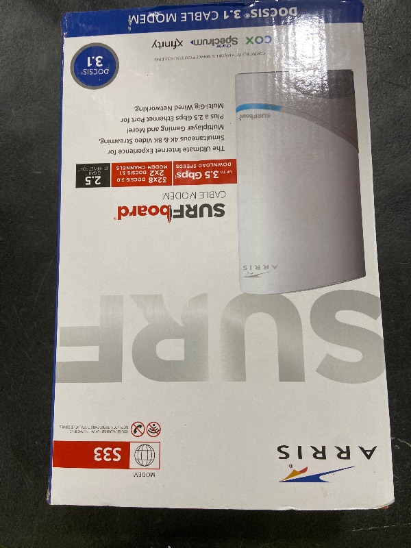 Photo 1 of ARRIS (S33) - Cable Modem - Fast DOCSIS 3.1 Multi-Gigabit Cable Modem For Comcast Xfinity, Cox, Spectrum & More 1 & 2.5 Gbps Ports 2.5 Gbps Max Internet Speeds 2 Year Warranty - (No Built-in Wifi)