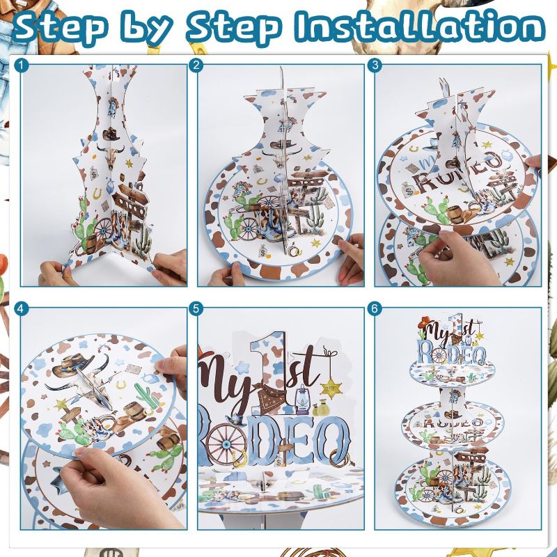 Photo 1 of Keluna First Rodeo Birthday Decorations - 3 Tier Cowboy Cupcake Stand for Boys Birthday Baby Shower Pary Supplies, My 1st Rodeo Decoration Dessert Stand Cake Holder