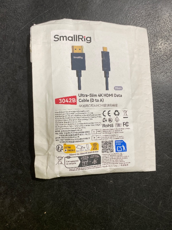 Photo 1 of SMALLRIG Micro Ultra Thin HDMI Cable 35cm/1.15Ft (D to A), Super Flexible Slim High Speed 4K 60Hz HDR 2.0, Fit for Sony A7RIII / A6600 / A6500, for FUJIFILM X-T3 / X-T4, for GoPro Hero 7/6/5-3042B