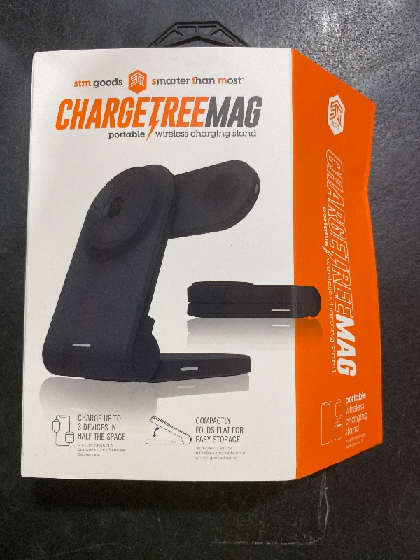 Photo 1 of STM ChargeTree Mag: 3-in-1 MagSafe Wireless Charging Station for iPhone 16, 15, 14, 13, & 12 Series, Apple Watch, and AirPods - Foldable and Space-Saving Dock - Black