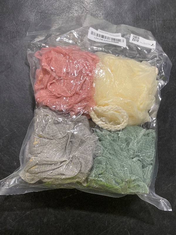 Photo 1 of Rnoafmu Shower Loofah Bath Sponge, 60G Loofah Exfoliating Body Scrubber, 4 Color Mesh Shower Pouf Balls for Body Wash (Ice Cream)