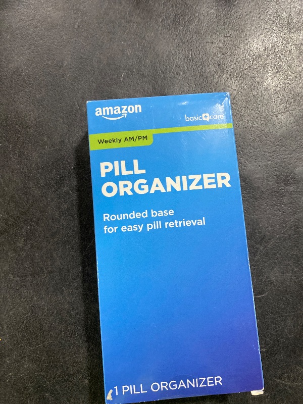 Photo 1 of Amazon Basic Care (7-Day) AM/PM Pill Organizer, Vitamin Case, And Medicine Box, Large Compartments, 2 Times a Day, Blue and Clear Lids