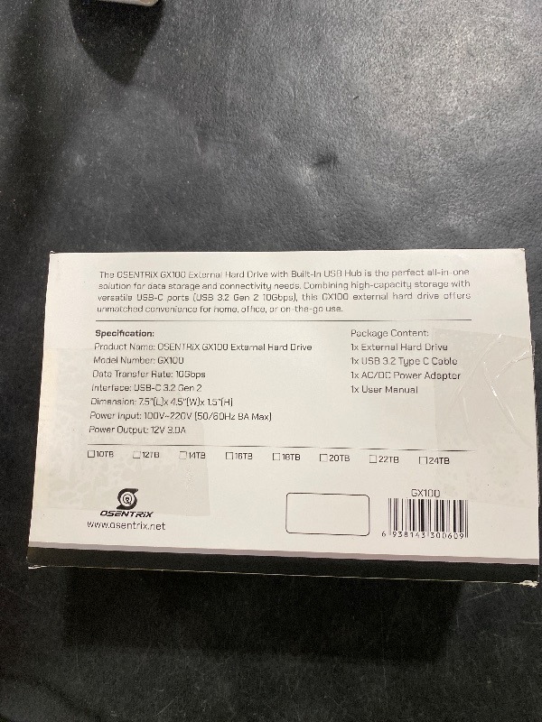 Photo 1 of OSENTRiX GX100 12TB USB 3.2 Gen 2 USB-C External Hard Drive with USB Hub for Windows or MacOS Desktop PC/Laptop - 2 Year Warranty