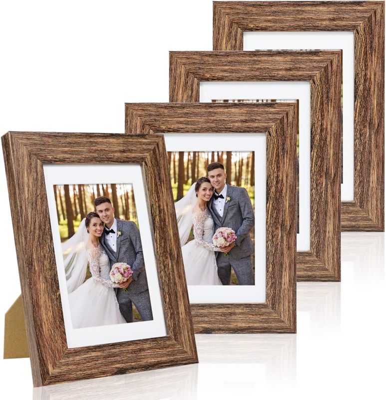 Photo 1 of 4x6 Picture Frame Set of 4, with Real Glass and Rustic Brown Wooden Frame, 4 by 6 Photo for Wall or Tabletop - Display Picture 3.5x5 with Mat or 4x6 Without Mat
