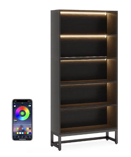 Photo 1 of Tribesigns Bookcase with LED Light Black Metal 5 -Shelf Corner Bookcase ( 31.5-in W x 70.87-in H x 11.81-in D ) Finished
