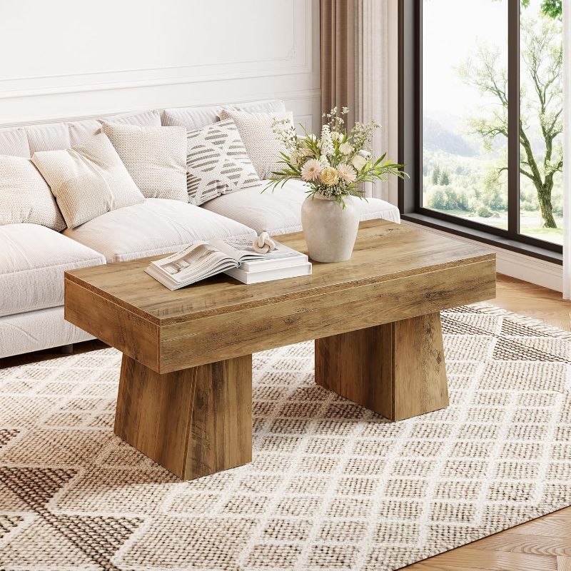 Photo 1 of Tribesigns Coffee Table, Rectangular Wooden Side Table 120 cm with Thick Base, Modern Low Cabinet for Living Room, Ideal for Cocktail or Tea (Rustic Brown)
