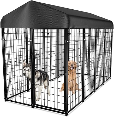 Photo 1 of Dog Kennel Outside with Roof, 8'x6'x4' Outdoor Dog Kennels for Large Dogs, Heavty Duty Welded Dog Crate Playpen with UV-Resistant Waterproof Cover
