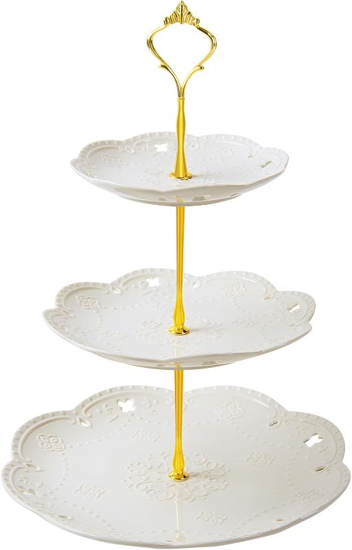 Photo 1 of 3 Tier Ceramic Cupcake Stand, White Tiered Tray for Cupcakes, 3 Tier Serving Stand for Tea Party, Birthday, Baby Shower, Wedding
